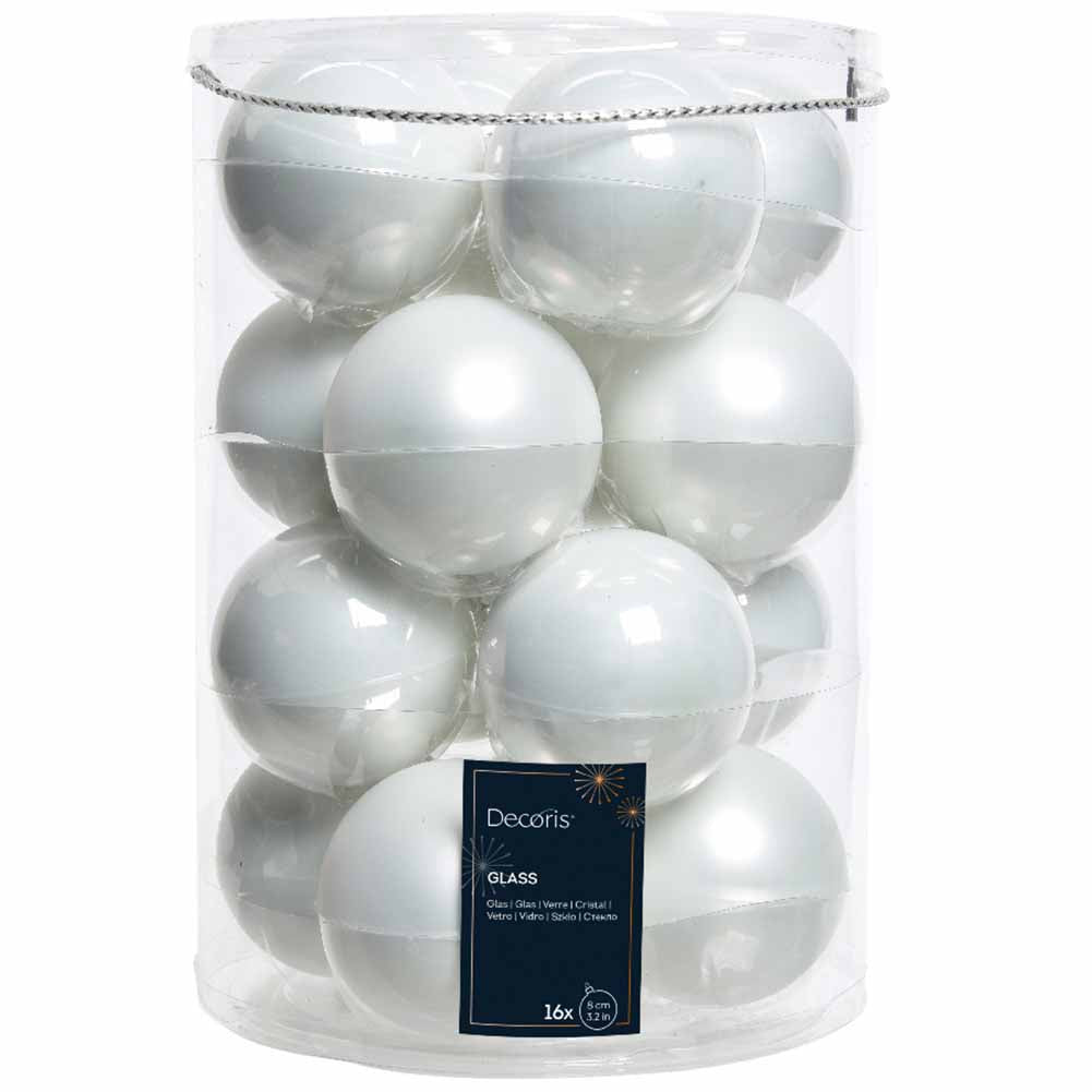 Confezione di 16 palline di Natale in vetro bianco inverno 8cm 1