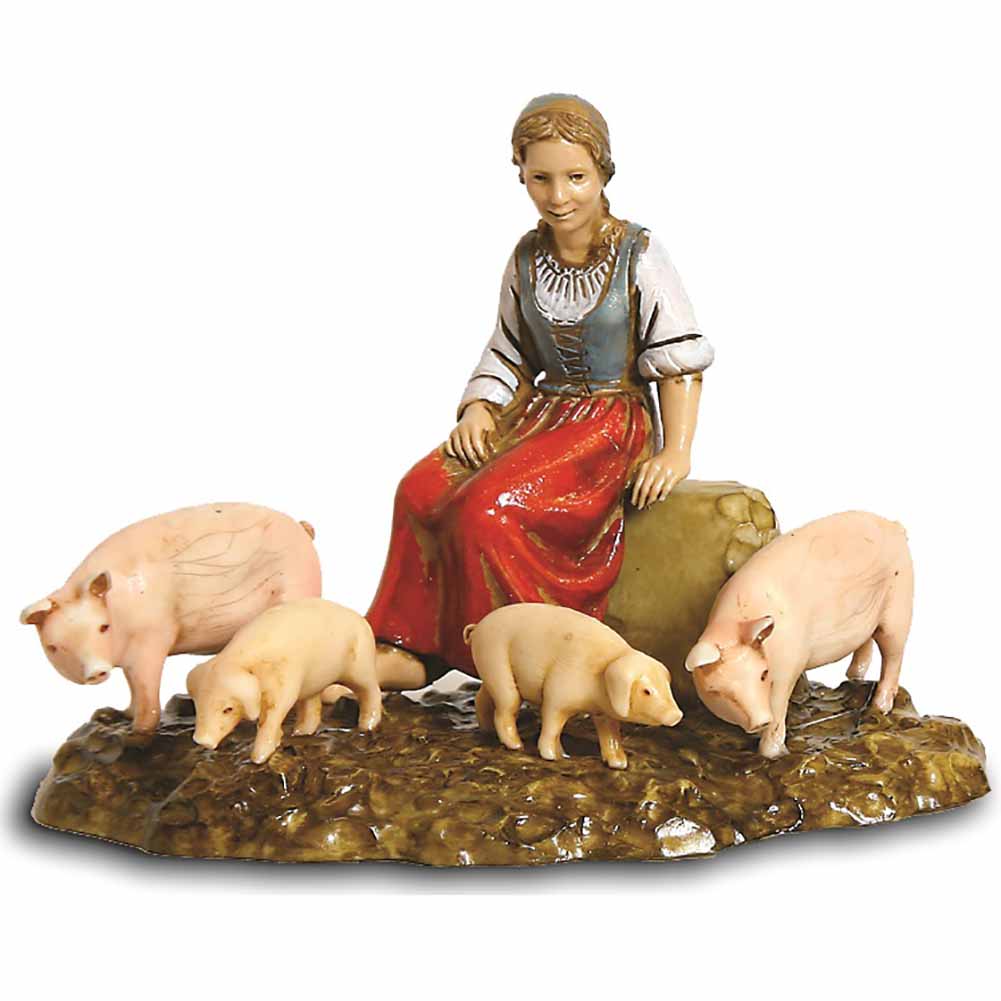 Statuina Presepe Donna Seduta con Maiali 10 cm Moranduzzo 1