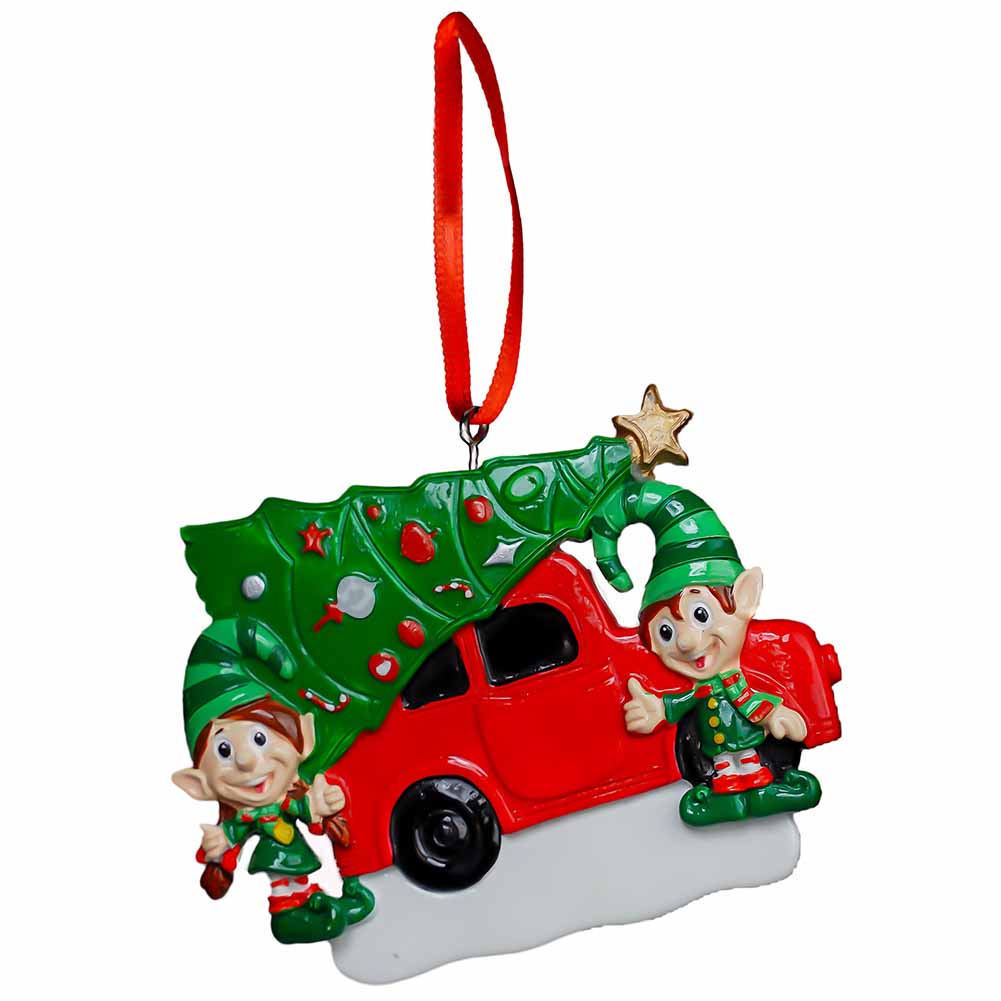 Pendente personalizzabile Elfetto e Elfetta su auto rossa con albero Elfidea 1