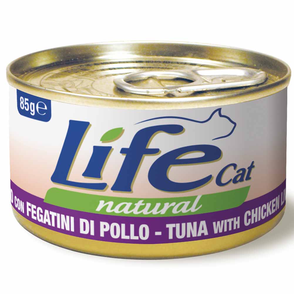 Life Cat Natural Tonno con Fegatini di Pollo cibo umido per gatti adulti 85g 1