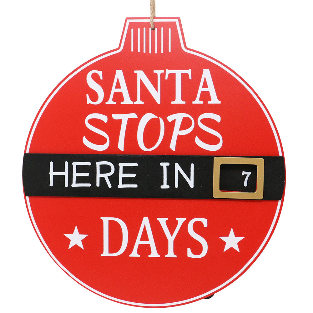 Calendario Avvento a forma di sfera rossa con cintura babbo e Santa Stops Here in Days 29x32cm