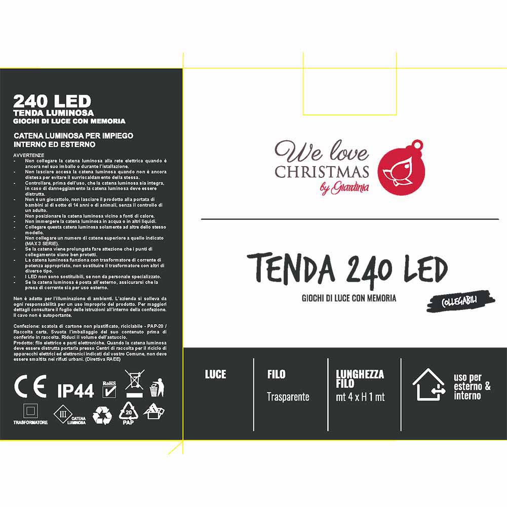 Tenda luminosa 240 led bianco ghiaccio 4x1m filo trasparente con giochi di luce prolungabile 3