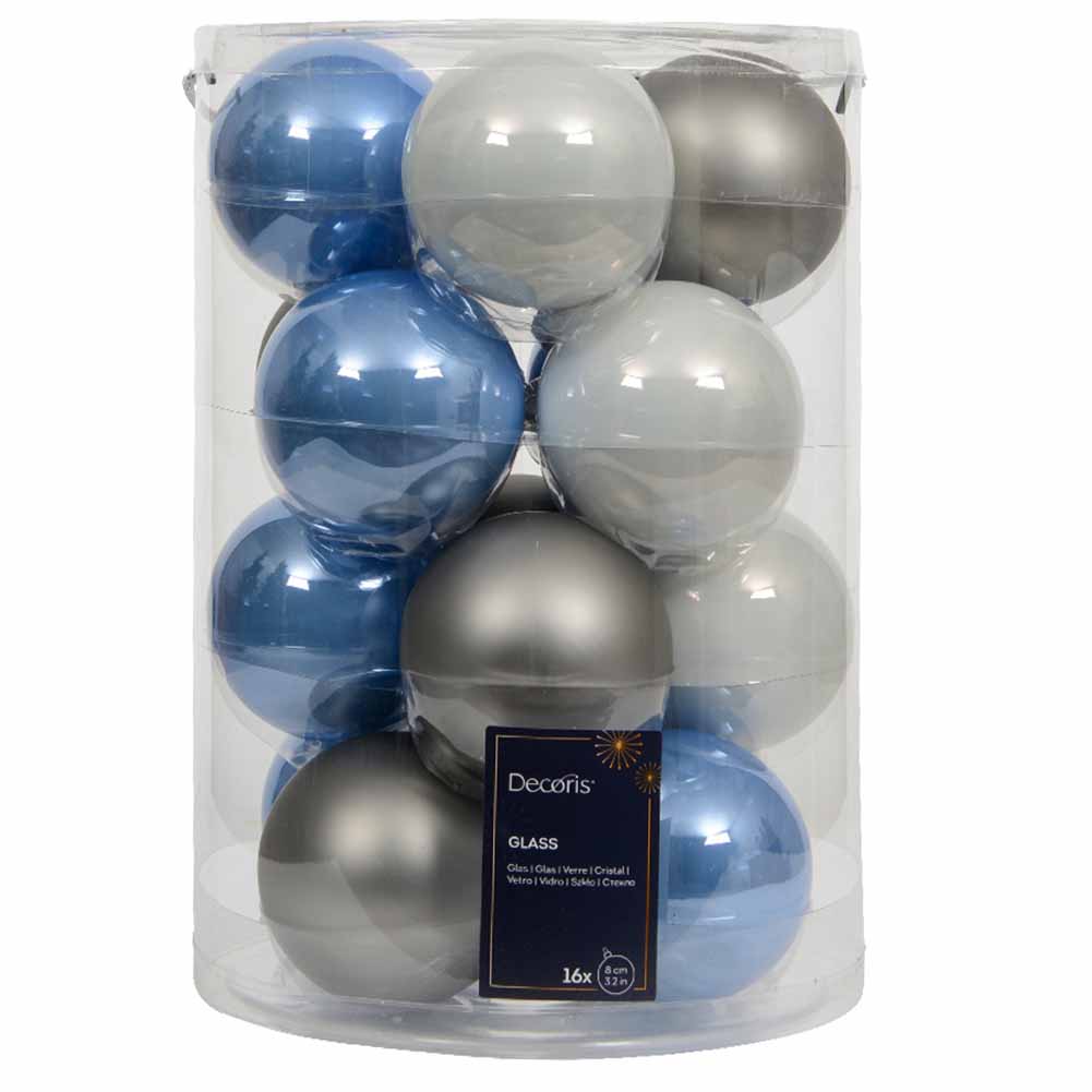 Confezione di 16 palline di Natale in vetro Mix Azzurro Grigio e Bianco 8cm 1