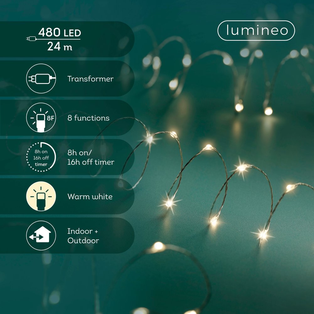 Filo di luci Micro 480 LED, effetto twinkle 8 funzioni, colore bianco caldo/argento, 24 m 1