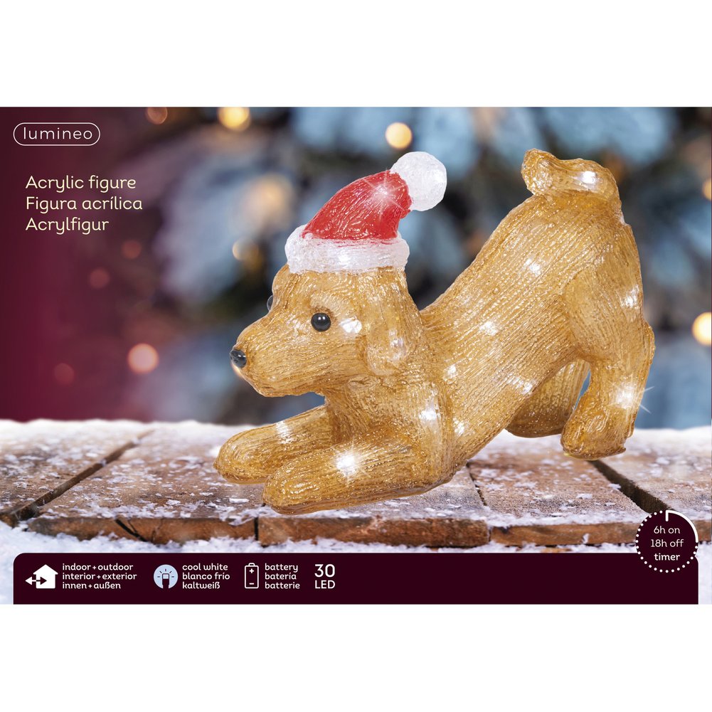 Cane accucciato con cappellino, decorazione luminosa a batteria 30 led bianco freddo, 20 cm per esterno 1