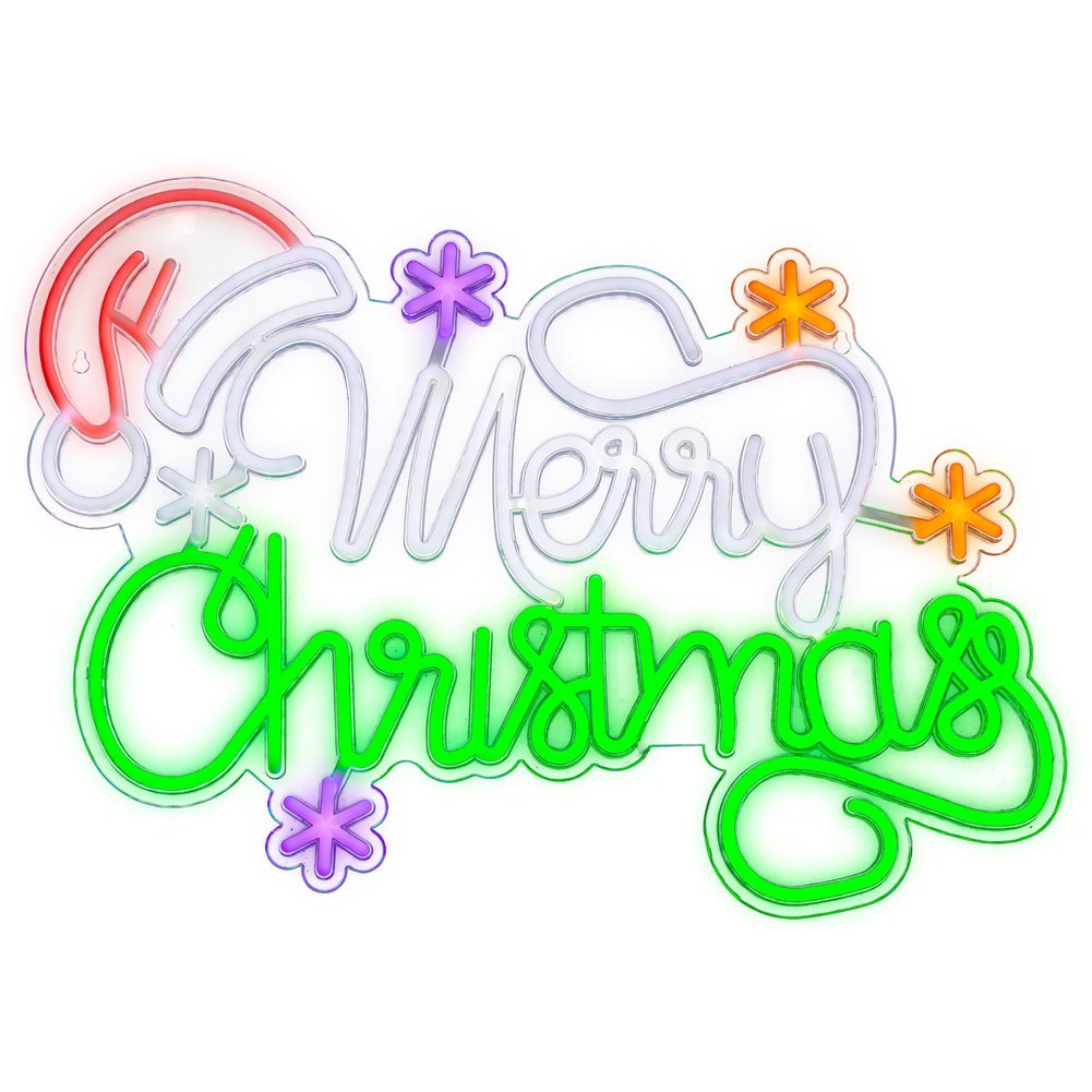 Insegna luminosa led Scritta Merry Christmas con cappellino effetto neon 41,5cm per interno 1