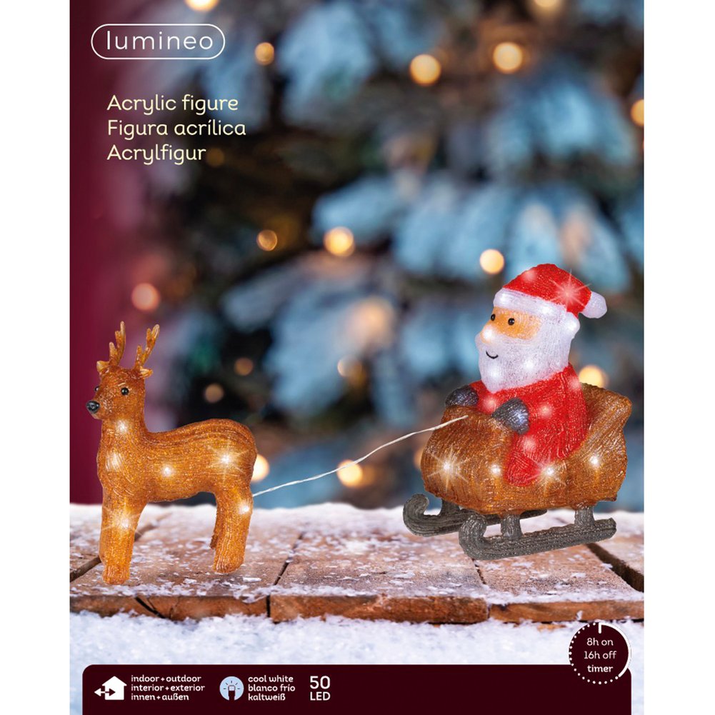 Babbo Natale luminoso su slitta con renna in acrilico, 30cm per esterno 1