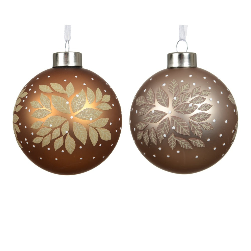 Pallina di vetro opaca marrone con foglioline scintillanti 2 colori assortiti 8cm 1pezzo 1