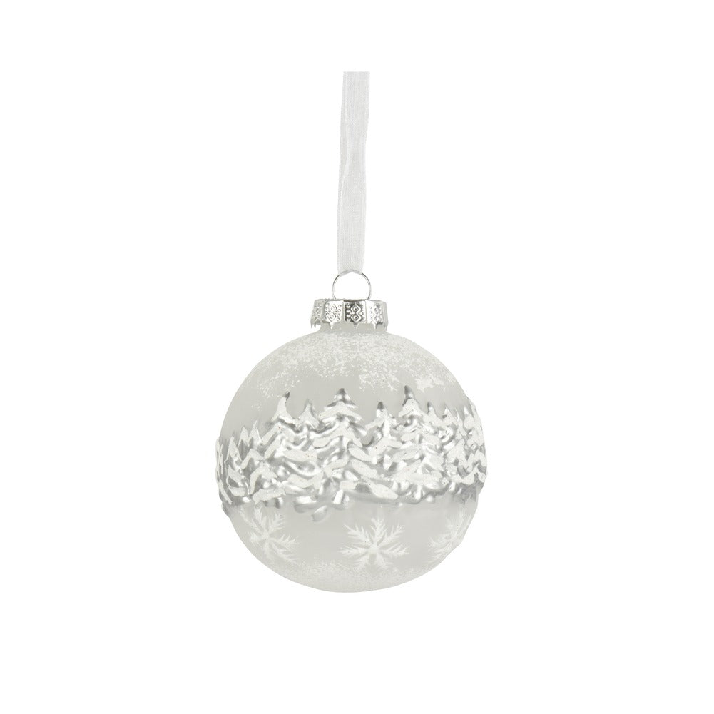 Pallina di vetro bianco ghiaccio con alberi argento 8cm 1