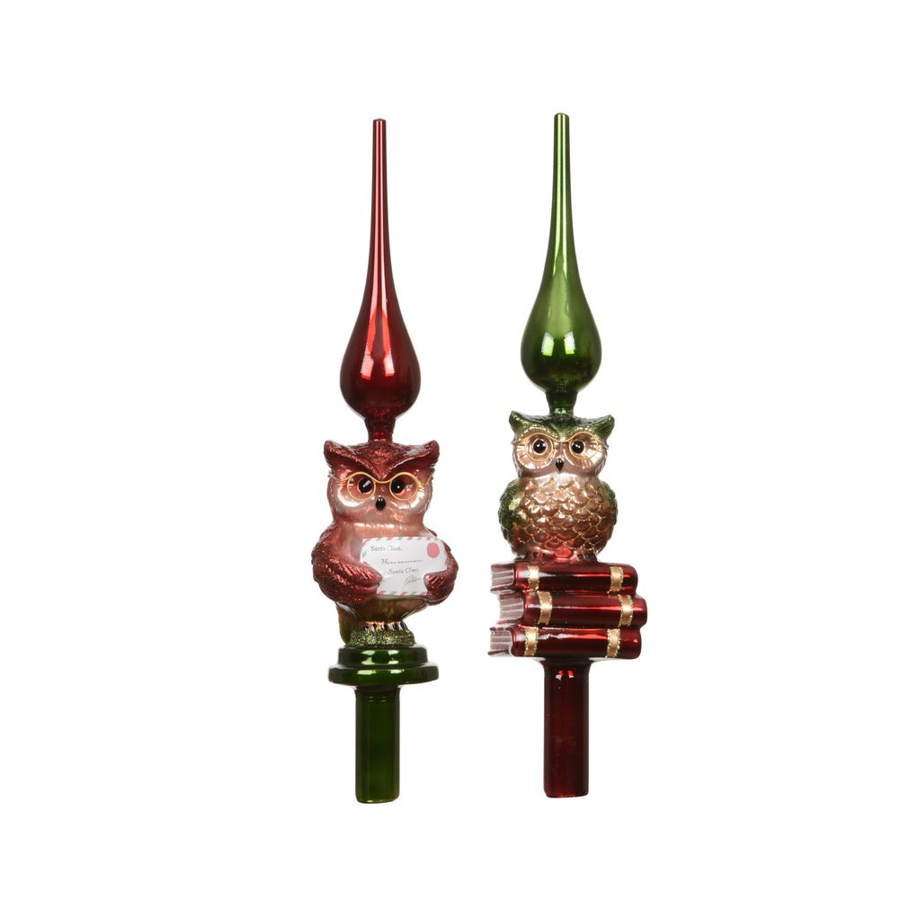Puntale per albero in vetro glitterato con gufo 2 varianti assortite 1pezzo 1