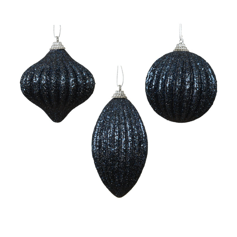 Pallina decorativa glitterata blu notte 3 forme assortite 8cm 1pezzo 1