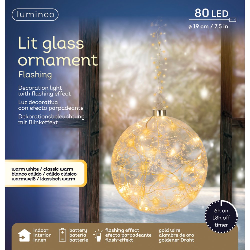 Sfera luminosa a batteria in vetro e rame effetto lampeggiante, 80 micro LED per interno, 19cm 1