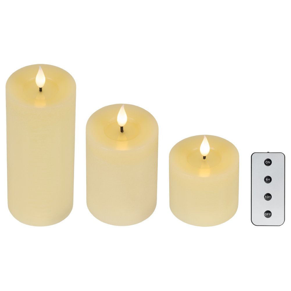 Set di 3 candele LED cilindriche crema assortite con telecomando, D.7,5cm - Lumineo 1