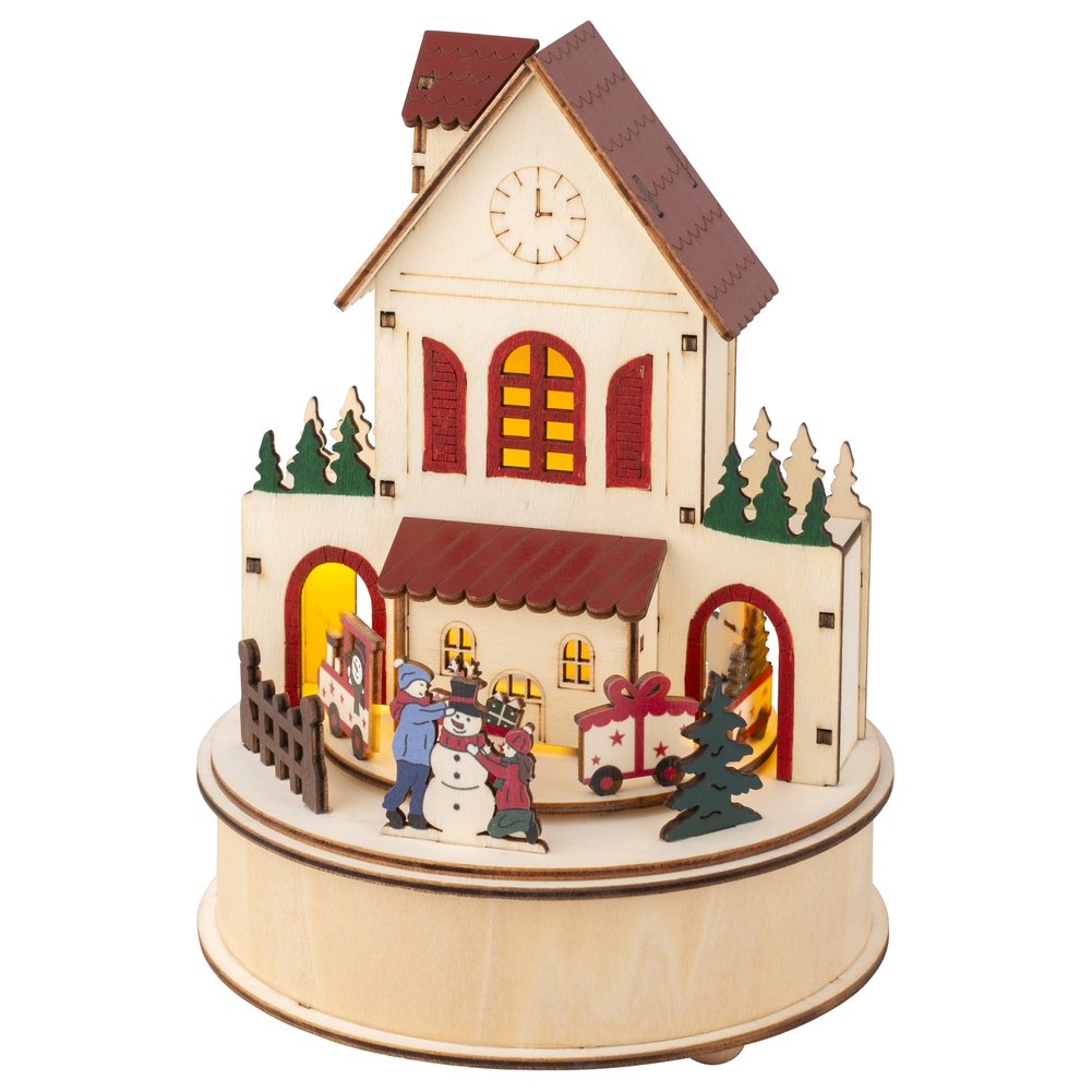 Casetta luminosa led con trenino in legno, movimento e musica, dim.15cm 2