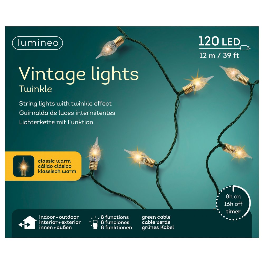 Filo di luci LED vintage, effetto twinkle 8 funzioni, classic warm/verde, 11,9 m 1