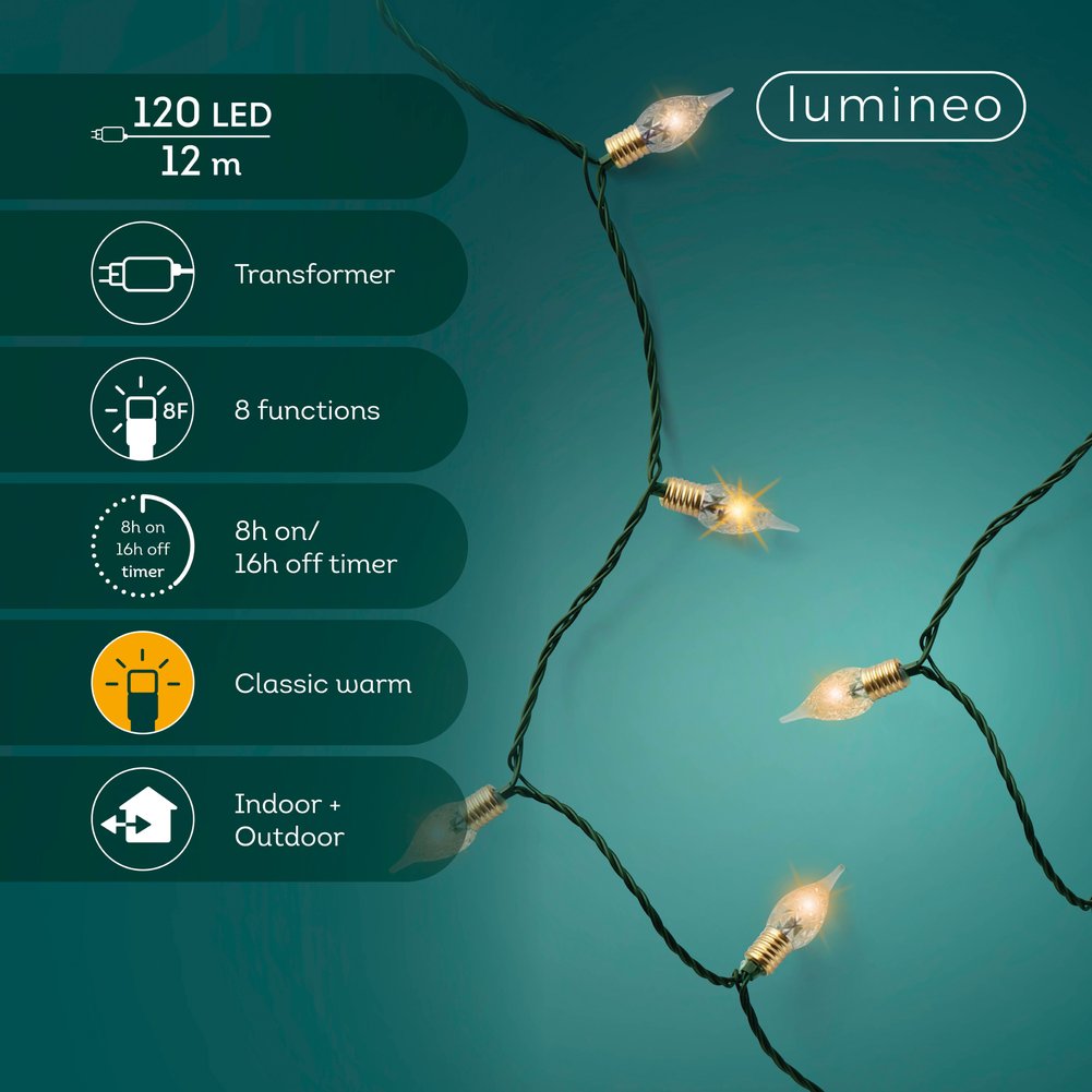Filo di luci LED vintage, effetto twinkle 8 funzioni, classic warm/verde, 11,9 m 2