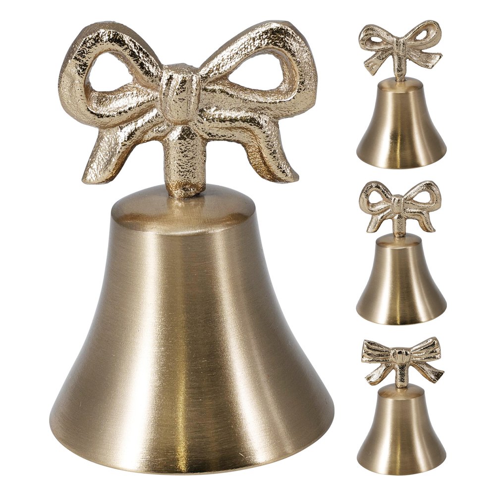 Campanella decorativa in alluminio color oro con fiocco 9 cm – foto 1: i 3 design disponibili