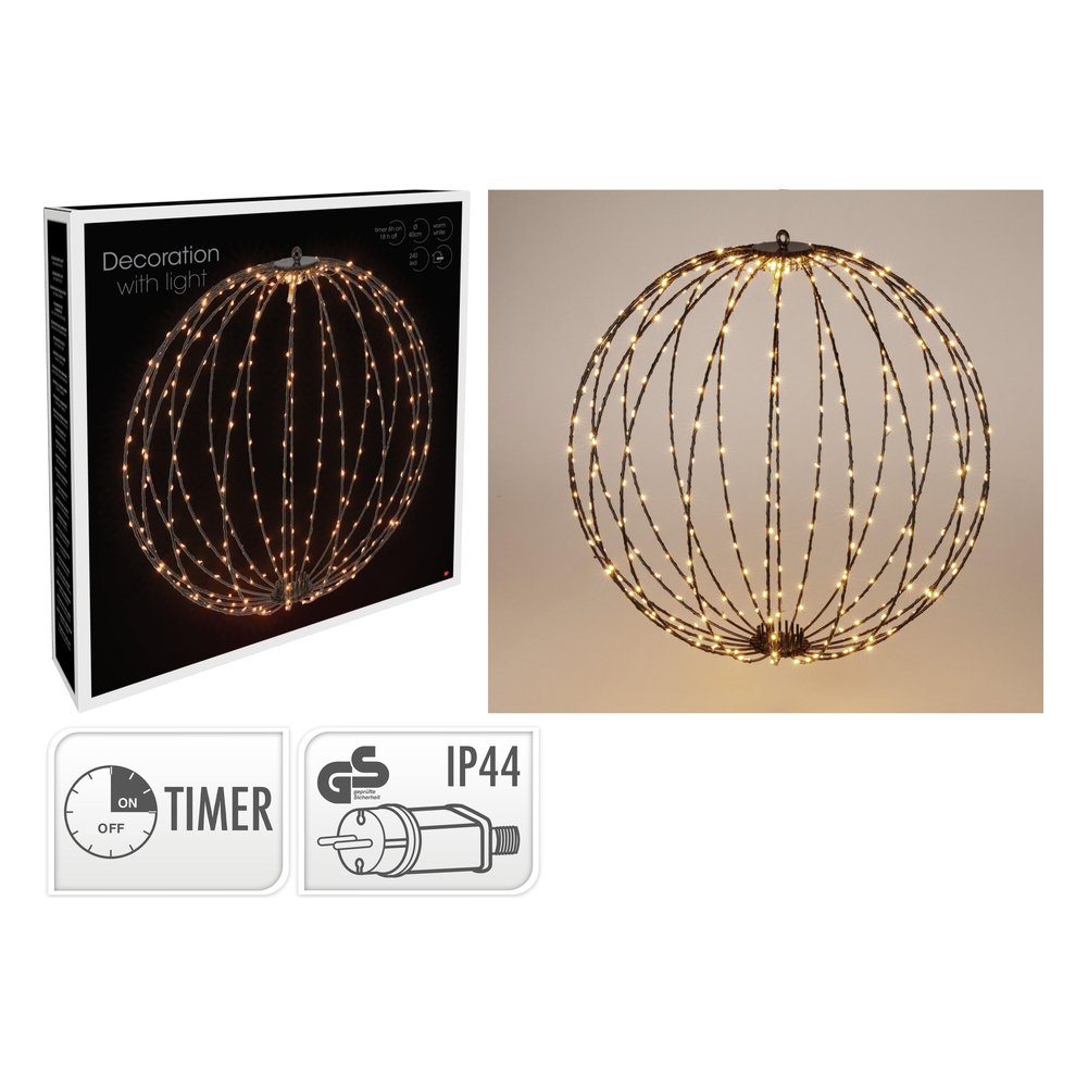 Sfera luminosa pieghevole in metallo nero Ø 40 cm con 240 LED bianco caldo e timer