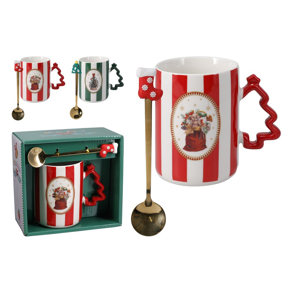 Tazza mug natalizia a righe con manico ad albero e cucchiaino – 1 pezzo, colore assortito 1