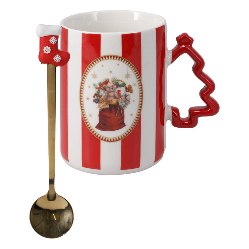 Tazza mug natalizia a righe con manico ad albero e cucchiaino – 1 pezzo, colore assortito 2