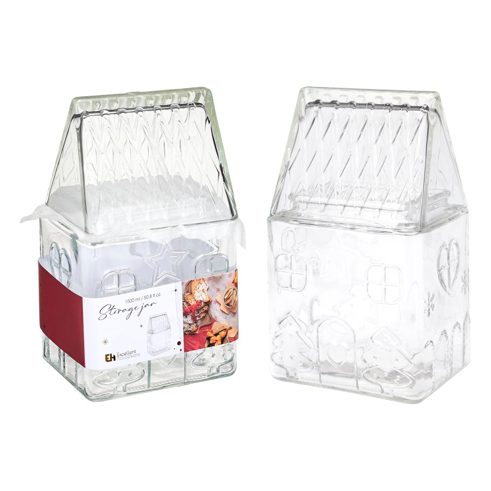 Barattolo in vetro a forma di casetta con decori in rilievo 1,5 L, 21 cm 1