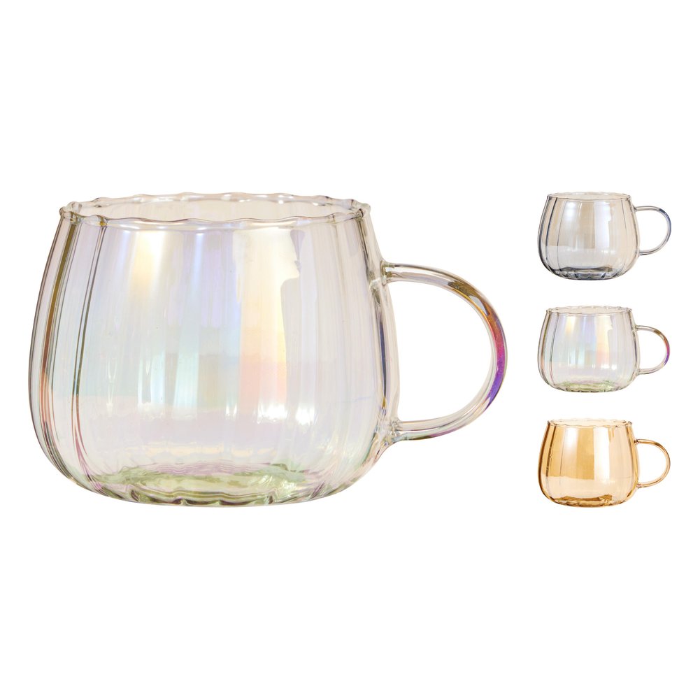 Tazza mug in vetro borosilicato effetto iridescente 475 ml – foto 1: i 3 colori disponibili