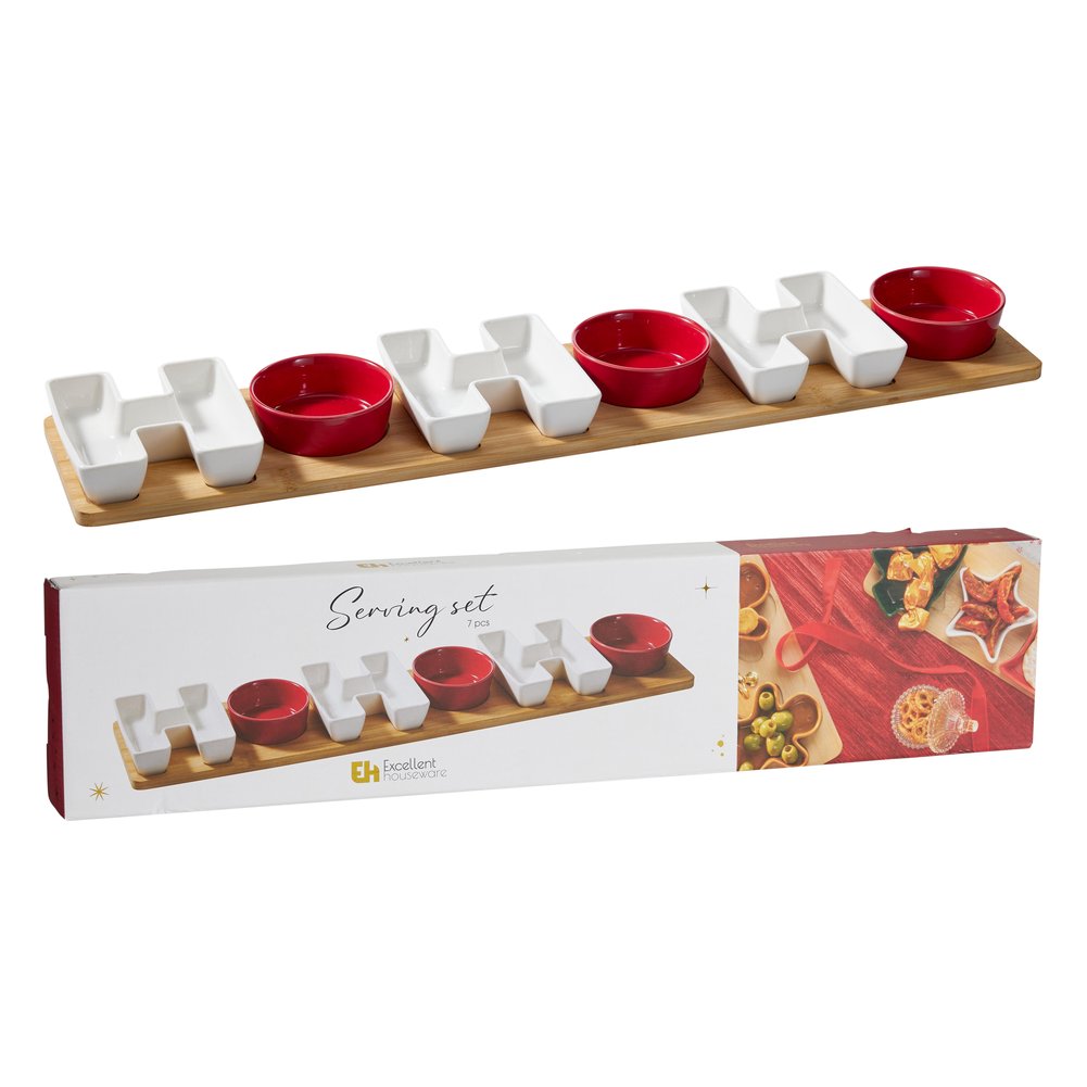 Set aperitivo natalizio HO HO HO 7 pezzi con vassoio in bambù 1