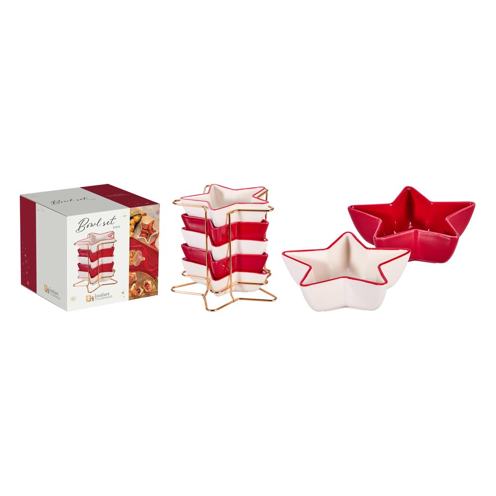 Set 5 ciotole a stella in ceramica rosso e bianco con supporto dorato 1