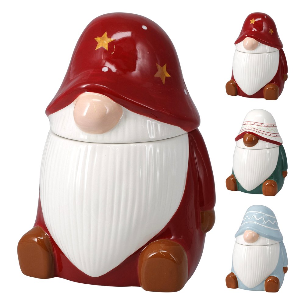 Barattolo biscottiera a forma di gnomo in ceramica 21 cm – foto 1: i 3 colori disponibili