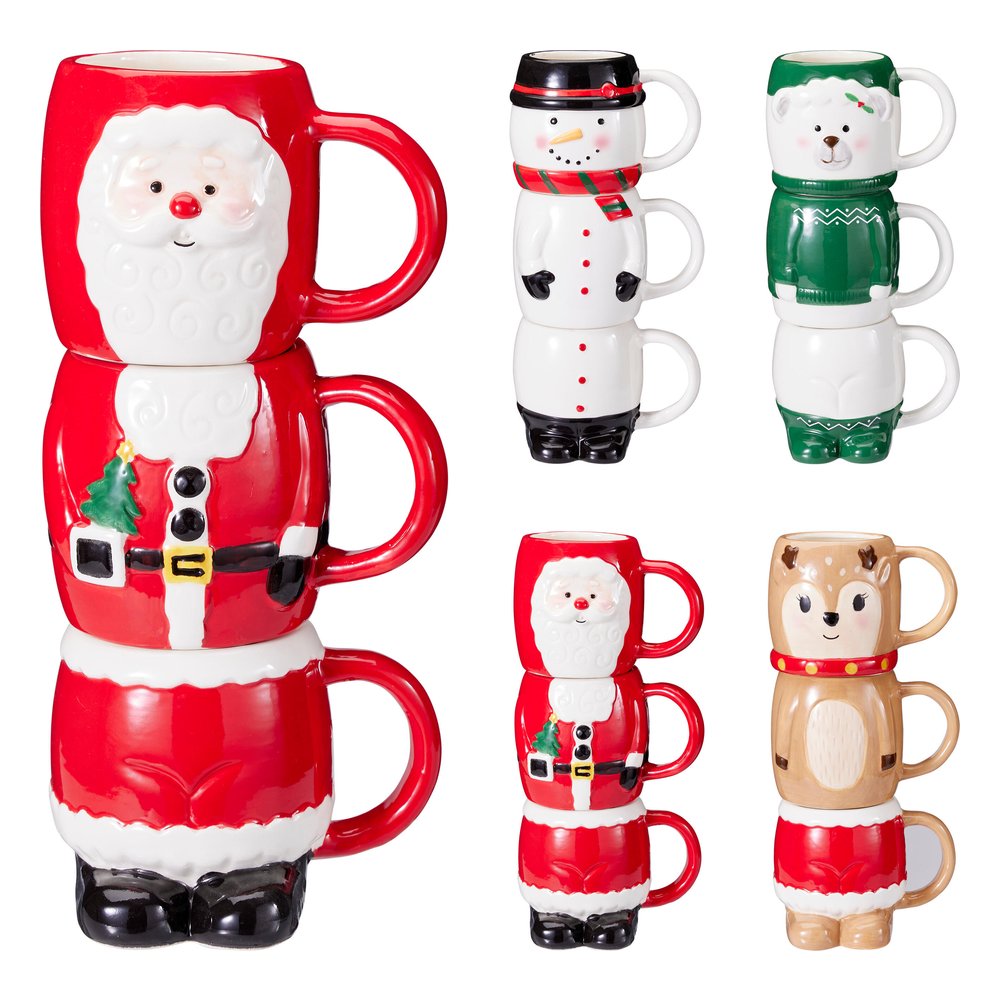 Set di 3 tazze impilabili in ceramica a forma di personaggio natalizio 280 ml – 1 set, soggetto assortito 1