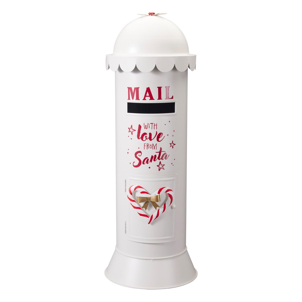 Cassetta postale cilindrica di Babbo Natale in ferro bianco panna 53 cm 1
