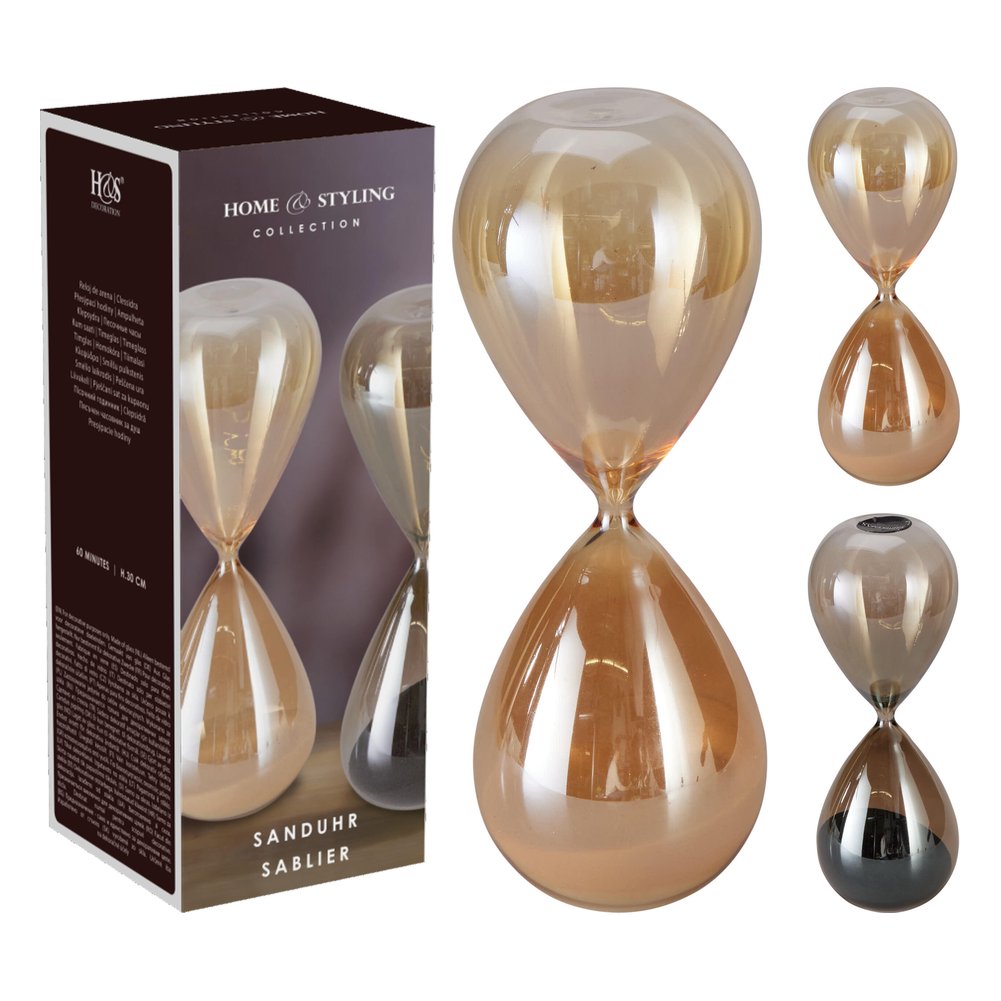 Clessidra decorativa in vetro 30 cm, durata 60 minuti – 1 pezzo, colore assortito (ambra o fumé) 1