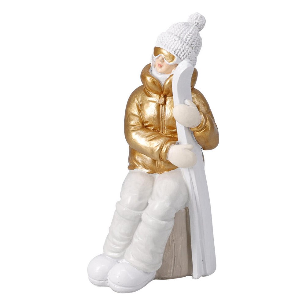 Statuina bambino sciatore seduto con sci in resina bianco e oro 15 cm – 1 pezzo, soggetto assortito 3