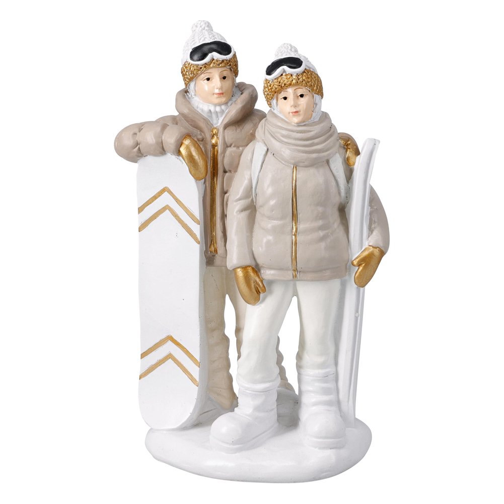 Statuina coppia di sciatori in resina bianco e oro 22,5 cm 1