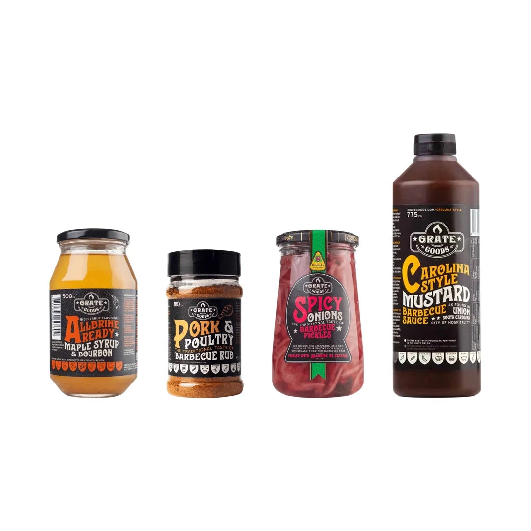 Box Ricetta Pulled Pork BBQ – Rub, Salsa Carolina alla Senape, Injection Acero Bourbon e Spicy Onions