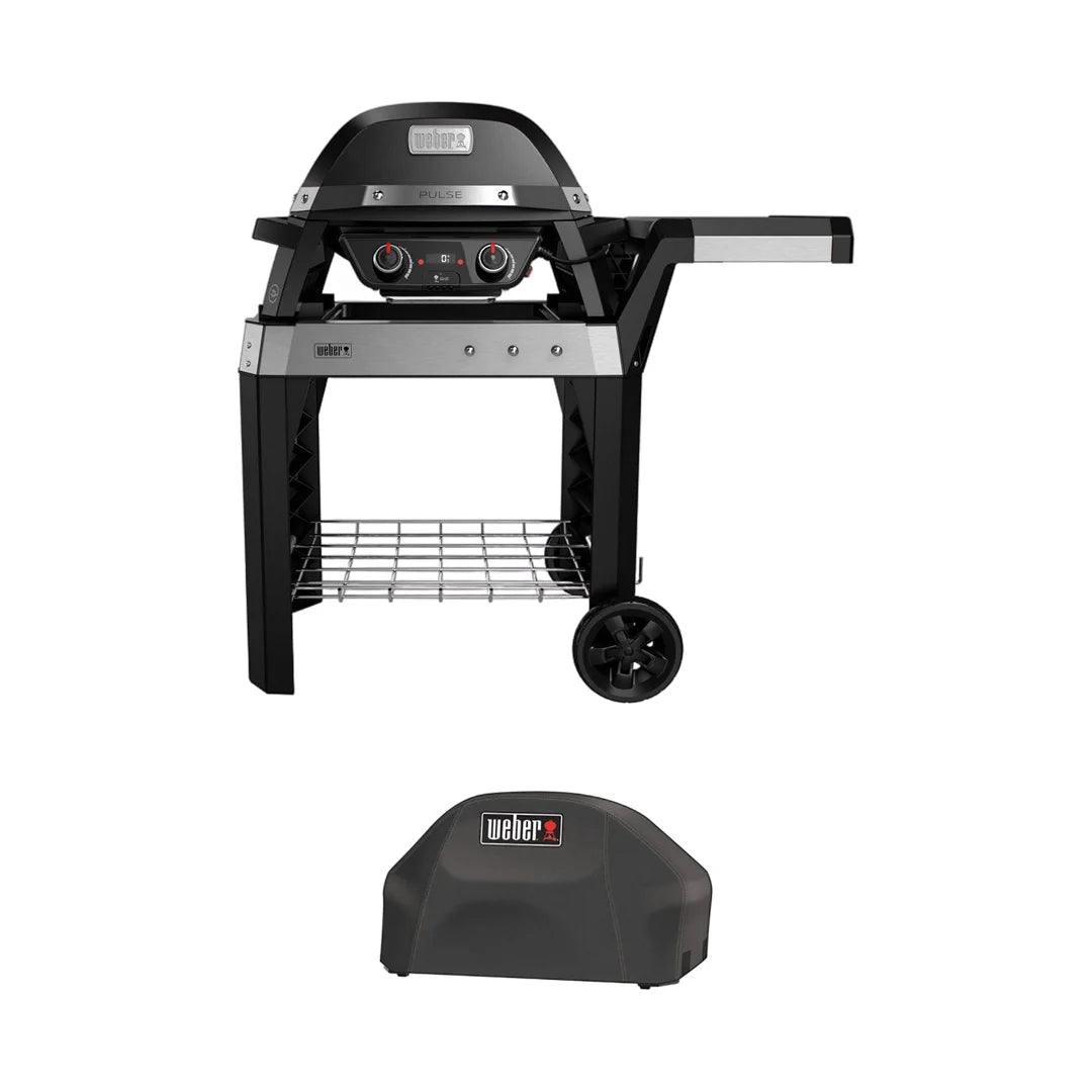 Combo Barbecue elettrico Weber PULSE 2000 nero con stand e Copertura premium per BBQ Weber Pulse 2000.