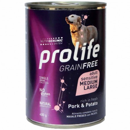 Alimento cane umido Prolife Grain Free Adult Medium Large maiale e patate 400g