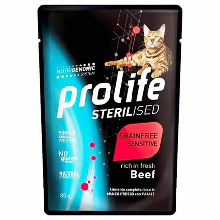 Alimento gatto umido Prolife Sterilised Grain Free Sensitive Adult Manzo 85g