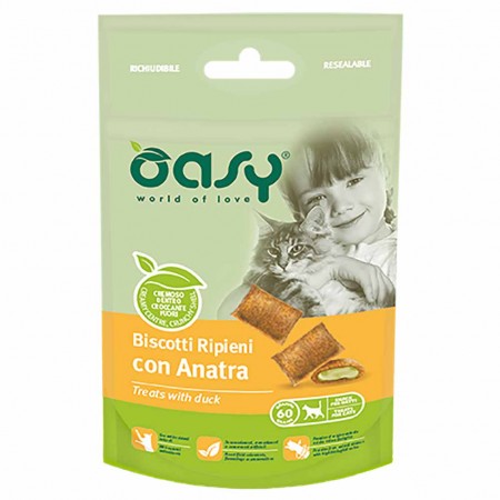 Alimento gatto Snack Oasy biscotti ripieni con anatra 60g