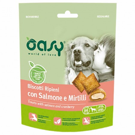 Alimento cane Snack Oasy Biscotti ripieni con salmone e mirtilli rossi 80g