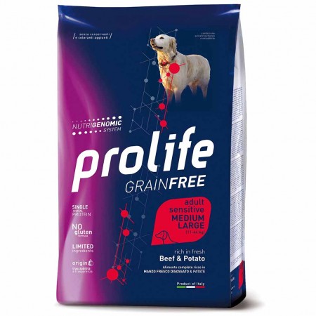 Alimento cane secco Prolife Sensitive Grain Free Adult Medium Large manzo e patate 2,5Kg