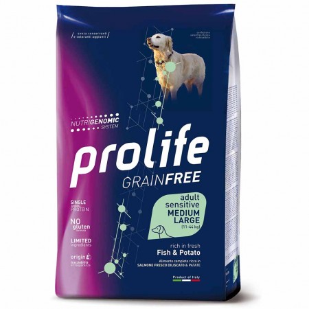 Alimento cane secco Prolife Sensitive Grain Free Adult Medium Large pesce e patate 2,5Kg