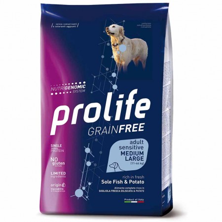 Alimento cane secco Prolife Sensitive Grain Free Adult Medium Large sogliola e patate 2,5Kg