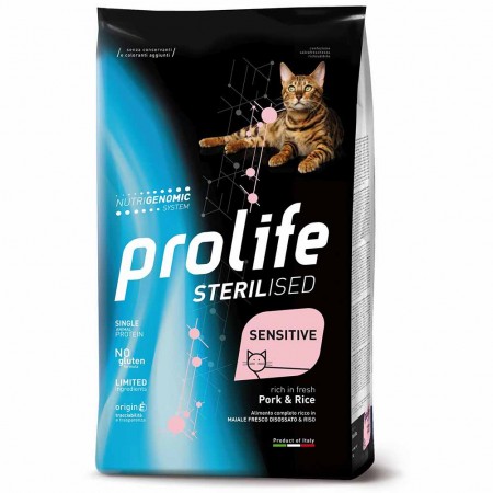 Alimento gatto secco Prolife Sterilised Sensitive adult Maiale e riso 1,5Kg