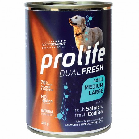Alimento cane umido Prolife Dual Fresh Adult Medium Large salmone e merluzzo 400g