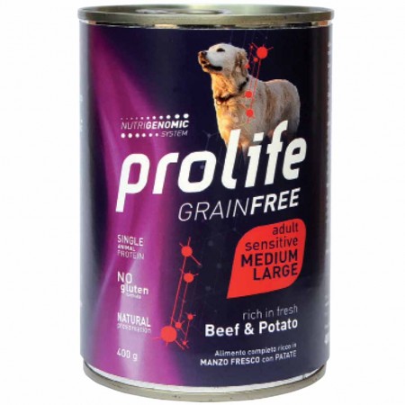 Alimento cane umido Prolife Grain Free Adult Medium Large manzo e patate 400g