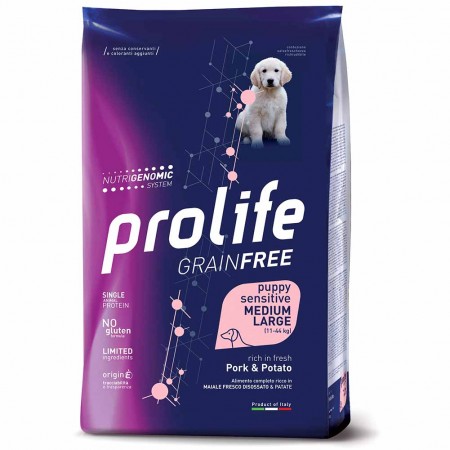 Alimento cane secco Prolife Sensitive Grain Free Puppy Medium Large maiale e patate 2,5Kg