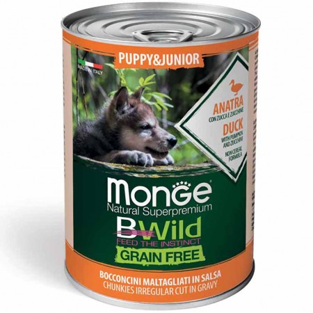 Alimento cane Monge BWild Puppy e Junior Anatra con zucca e zucchine 400g