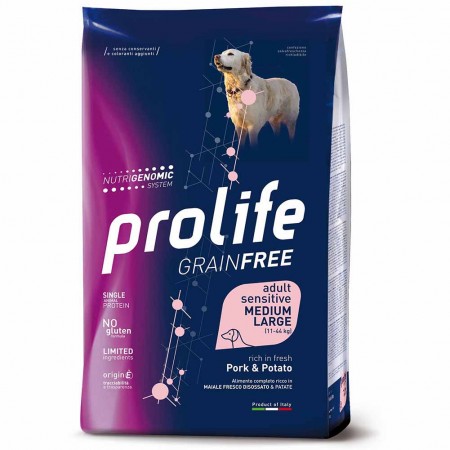 Alimento cane Prolife Grain Free Sensitive Maiale e patate medium large 2,5kg
