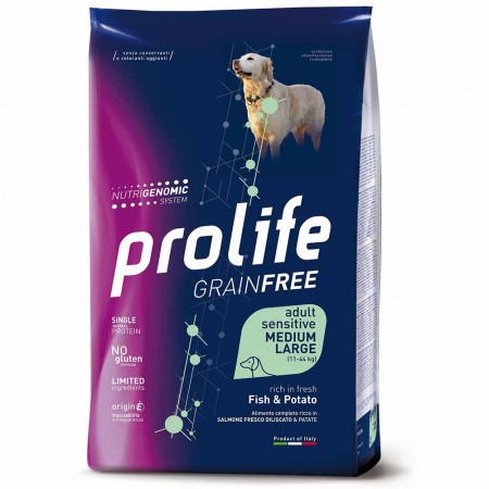 Alimento cane Prolife Grain Free Sensitive Pesce e patate medium large 10kg